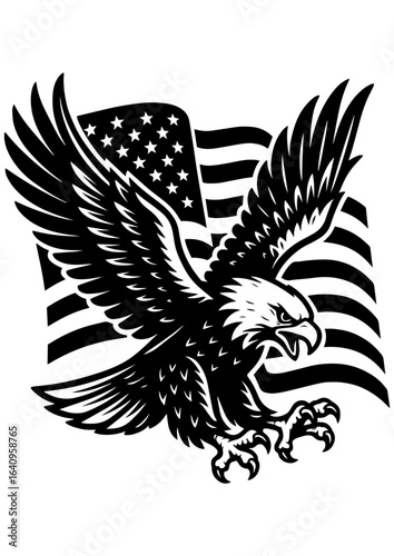 Black and white vector eagle in attack pose on American flag background, perfect for engraving, tattoos, and patriotic designs