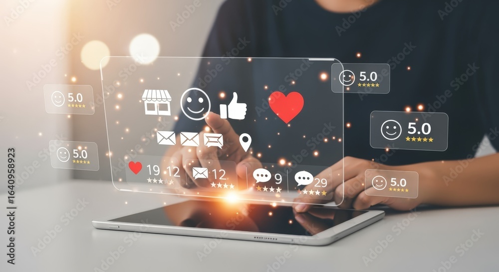 Fototapeta premium Social Media Engagement: Person Interacting with Digital Icons Representing Likes, Comments, Shares, and Positive Reviews