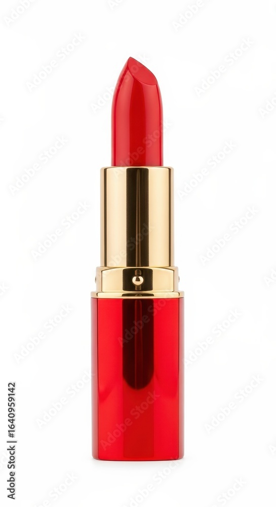 Obraz premium Red lipstick in an open gold tube isolated on a white background