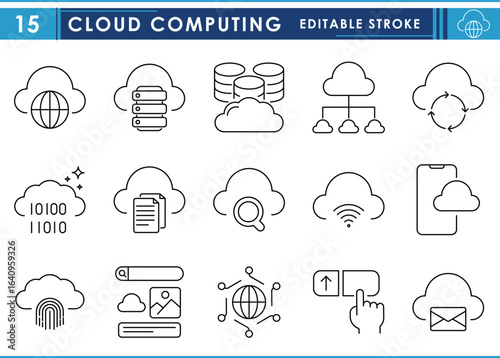 A set of line icons related to Cloud Computing. Cloud, server, data, files, save, recycle, upload, and so on. Vector editable stroke.
