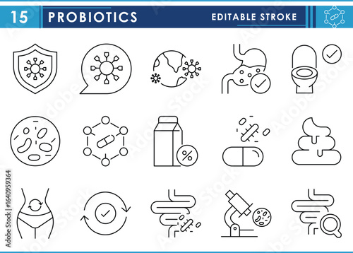 A set of line icons related to Probiotics. Bacteria, protection, stomach, toilet, micro organism, and so on. Vector editable stroke.