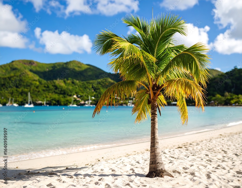 Obraz premium Tropical beach scene with palm tree (1)