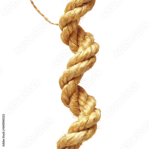 A close-up of a light tan rope, tightly coiled in a vertical S-shape.  A thin thread is attached at the top