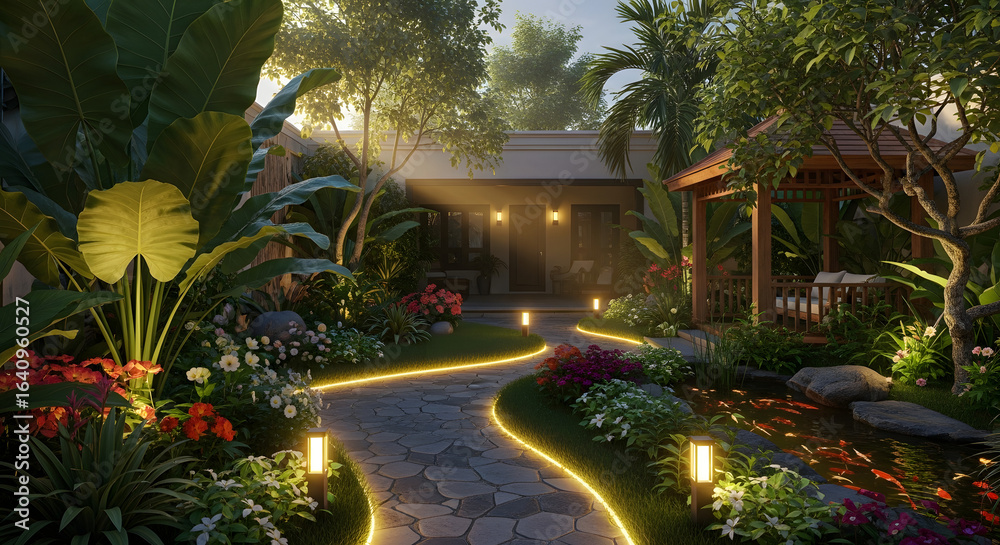 Obraz premium Lush Tropical Garden with Illuminated Stone Path and Koi Pond