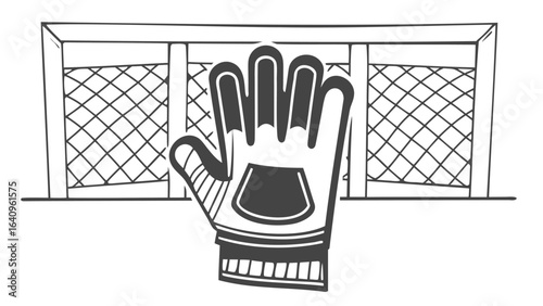  goalkeeper glove in front of a soccer goal with a net in a black and white style