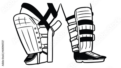 protective hockey leg gear with straps and padding in black and white outline style