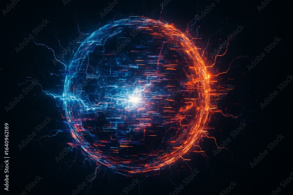 Fototapeta premium Unstable energy field with digital glitch distortion. Blue and orange plasma contained within a powerful force field. This abstract energy field is perfect for futuristic sci-fi projects.