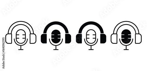 Headset with Microphone Icons Black and White Color Vector Designs 