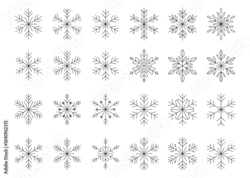 Snowflake line icon set with geometric diamond patterns, elegant thin strokes, minimal vector style, isolated on white BG. Minimal Geometric Snowflake Icons Set, Winter Holiday Vector Collection