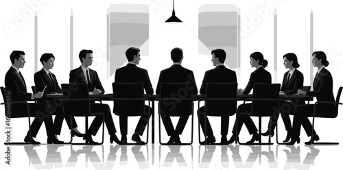 Business meeting silhouettes, corporate boardroom discussion, office teamwork, professional people, conference table, strategy planning, black and white design