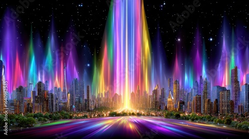 Neon Cityscape at Night: Skyline, Futuristic City, Light Beams