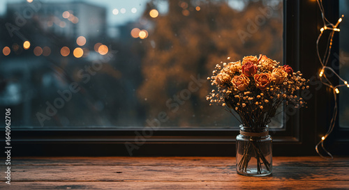 Bouquet of flowers in a glass vase on wooden table by window at dusk Concept of autumn, fall