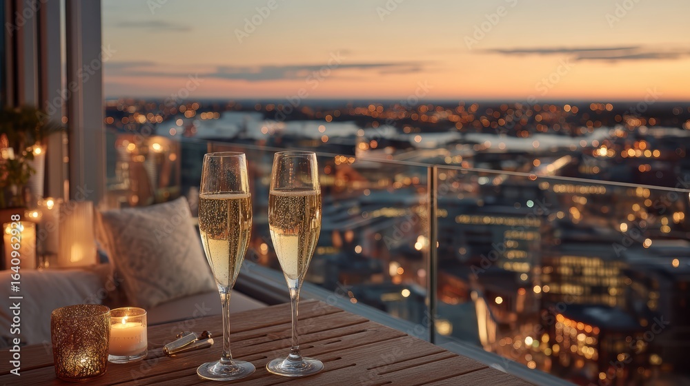 Obraz premium Rooftop Champagne Sunset: City Lights & Celebration Vibe
