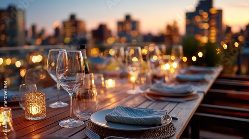 Rooftop Dinner Party, City View, Elegant Table Setting