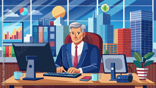 Busy mature businessman manager investor working on computer, thinking deeply, analyzing financial data in office, serious expression, middle aged professional executive, focused posture, modern works