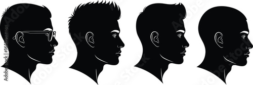 Male profile silhouettes, side view heads, hairstyle variations, man with glasses, vector illustration, black and white design, facial outline art