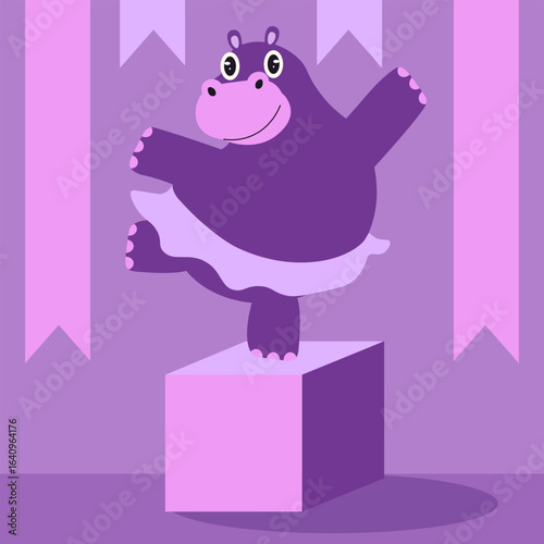 Circus. Vector illustration of flat hippopotamus on the cube in ballet tutu. Cute purple animal dancing. Kids nursery art perfect dance ballet school wall art. EPS 10