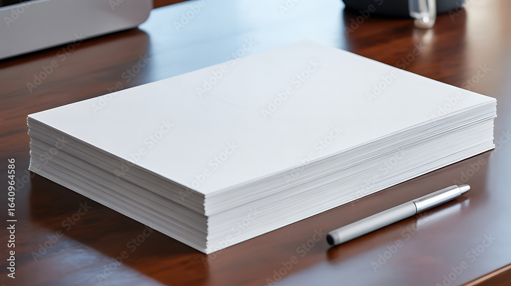 Fototapeta premium Thick stack of blank white paper with a pen on desk