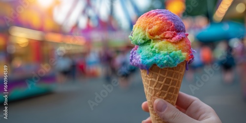 Hand holding rainbow ice cream cone at amusement park