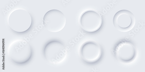 White round web buttons. Soft glowing circular UI elements in modern neomorphism style. Abstract 3D buttons with subtle shadows and light effects. Minimalist vectors for apps, digital interfaces.