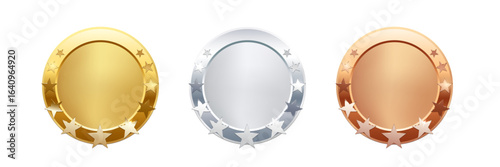 Gold, silver, and bronze medals with decorative stars. Blank award badges for first, second, and third place. Winner podium symbols. Realistic vector illustration.
