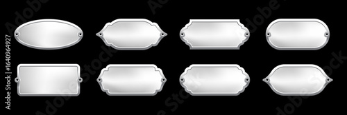 Blank silver metal nameplate plaques in various vintage shapes with decorative edges and screw holes. Metallic label for engraving, signage, awards, door signs. Realistic vector illustration.