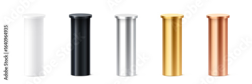 Metallic cylinder podium columns in white, black, silver, gold, and bronze colors. 3D pedestal pillars for ranking, product display, award ceremony. Realistic vector illustration.