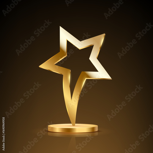 Golden award trophy. Metal gold star shaped cup. Realistic vector illustration of winners cup for sport competition, business achievement, recognition, leadership, promotion.