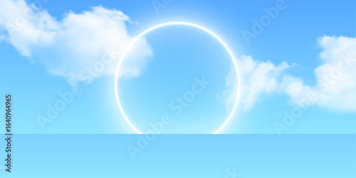 Blue sky with clouds, sea horizon and glowing circle background. Bright white light ring above calm ocean horizon. Nature scene for product placement. Abstract vector illustration.