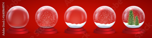 Snow globes template vector set. Empty glass snowballs with snow, snowflakes, Christmas tree on red base isolated on red background. Xmas and New Year design elements for postcard, banner, poster.