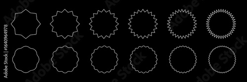 Blank badge outlines set. Collection of circular label frames with zigzag, wavy, and starburst edges. White line shapes isolated on black background. Graphic vector illustration.