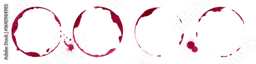 Wine glass stains set. Red circular wine rings and splashes on white background. Realistic beverage marks collection for bar or restaurant design, menu decoration. Texture vintage vector illustration.