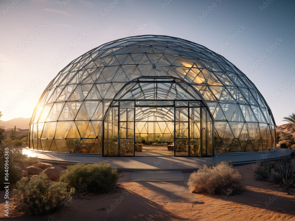 Fototapeta premium Dome greenhouse in desert filled with lush crops