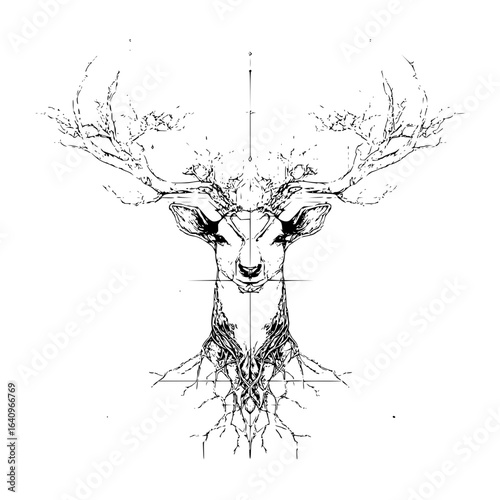 Stylized deer head with tree branch antlers and root like neck in black and white illustration art