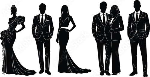 Elegant fashion silhouettes, evening gown style, tuxedo suit, formal couple attire, luxury clothing, black tie event, vector illustration, stylish design