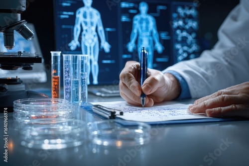 Scientist writing notes in lab