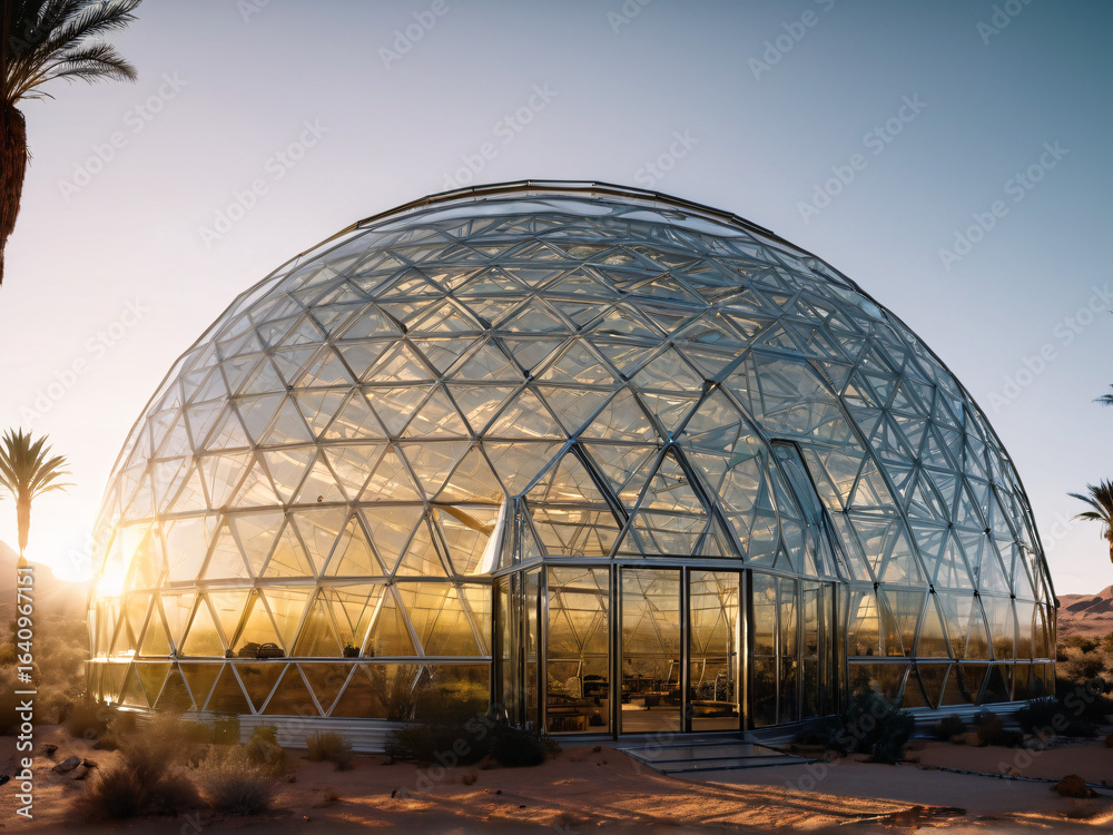 Fototapeta premium Dome greenhouse in desert filled with lush crops