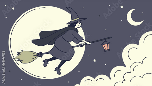 Cartoon witch flying on a broomstick with a lantern against a full moon and starry night background