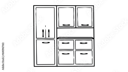  kitchen cabinet with multiple drawers and upper storage compartments shown in outline