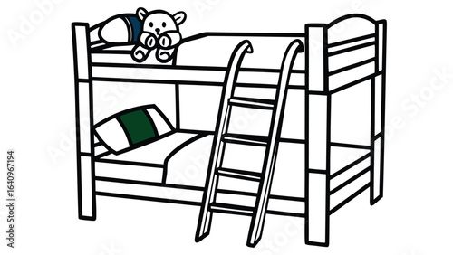  bunk bed with a ladder and a teddy bear on the top bunk in black and white