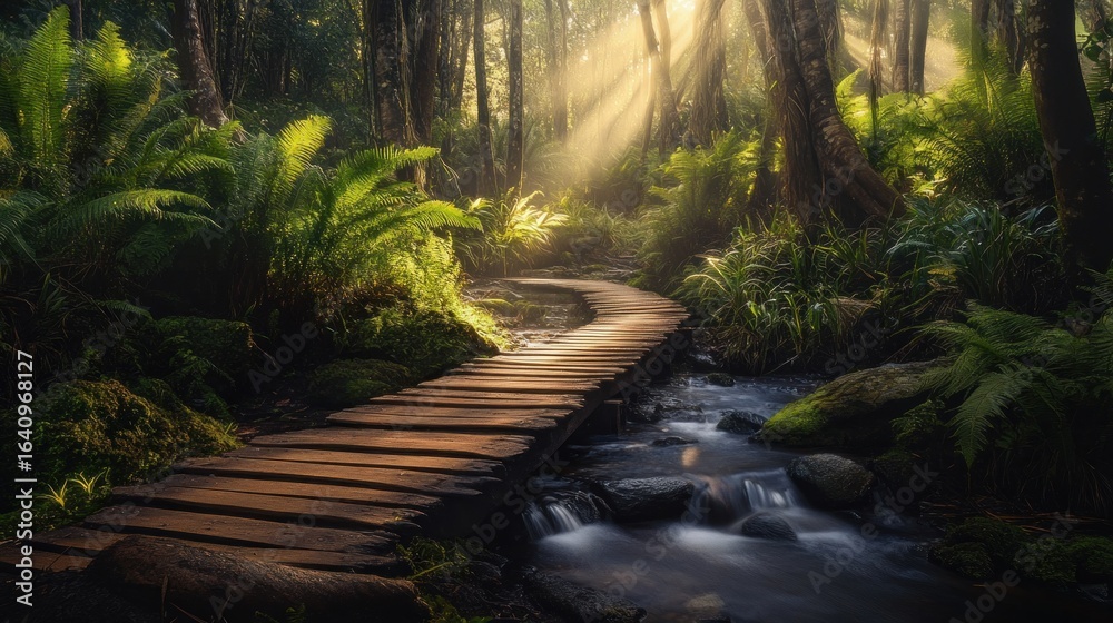 Obraz premium Wooden walkway across a babbling brook in a lush, sunlit forest. Sunlight beams through the canopy