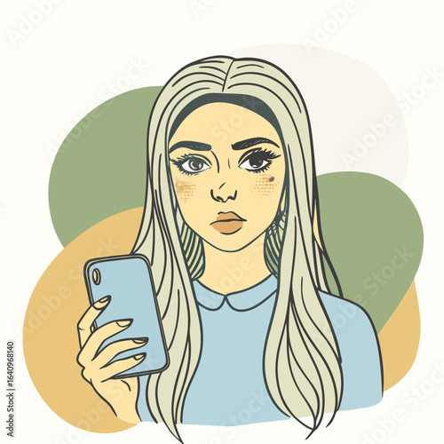 Illustration of a young woman with long blonde hair using a smartphone with a modern minimalist aesthetic