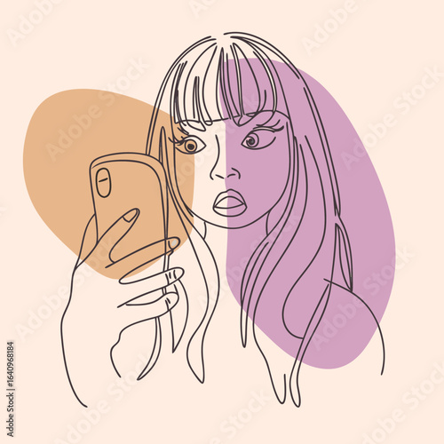 Surprised Woman with Phone Line Art Illustration with Abstract Shapes in Pastel Colors for Social Media Marketing