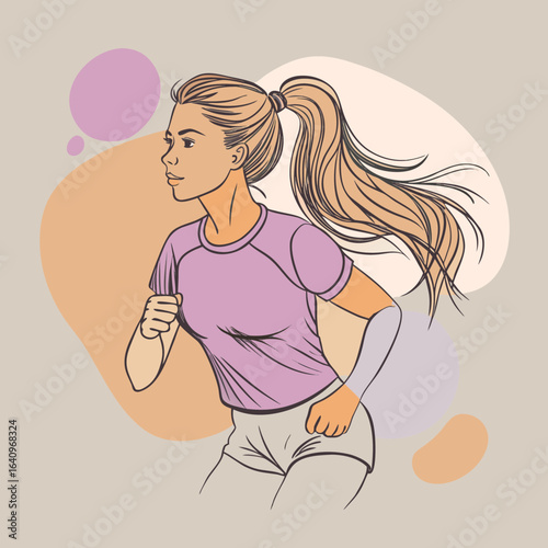 Illustration of a Blonde Woman Running with a Ponytail Wearing a Pink Shirt and Shorts on a Neutral Background