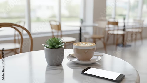Wallpaper Mural Relaxing morning coffee shop scene with a slow dolly shot focusing on a cappuccino and smartphone with a blank screen on a marble table Torontodigital.ca