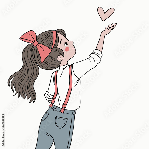 Cute Cartoon Girl Reaching for a Heart Illustration of Love Childhood Dreams and Innocence with a Playful and Whimsical Style