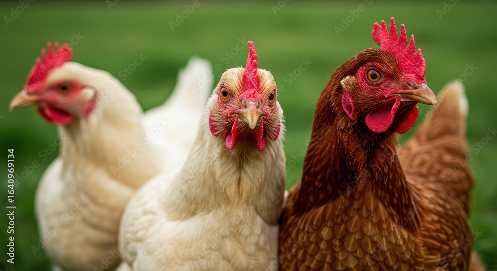 Fototapeta premium Chicken trio : A close-up showcases three vibrant hens standing side by side against a soft blurred, evoking a sense of peace and simplicity