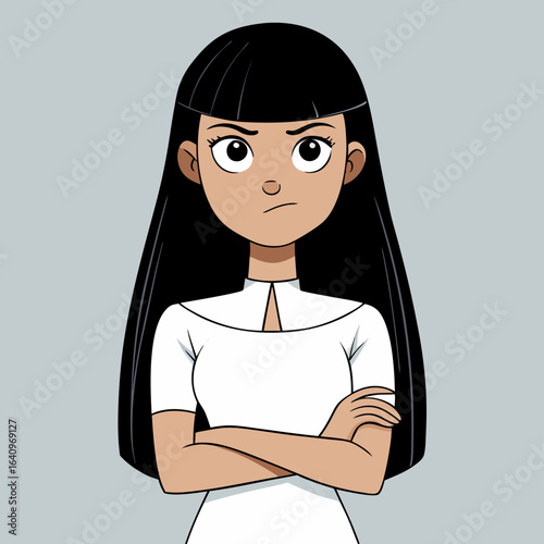 Cartoon Woman with Long Black Hair and Arms Crossed Expressing Displeasure or Skepticism in a White Dress
