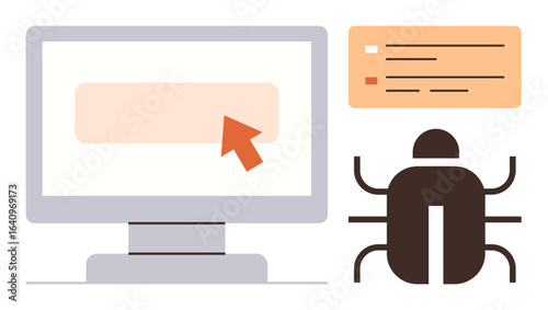 Computer monitor with a hovering cursor, a bug icon, and a code review panel represent debugging and software testing. Ideal for programming, QA testing, development, code review, troubleshooting