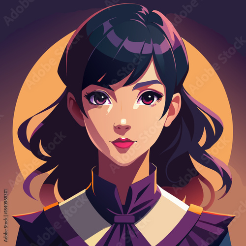 Anime Style Portrait of a Young Woman with Dark Hair and Purple Eyes in Front of a Yellow Circle